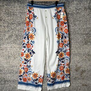 Real‎ Fun Wow Pants Womens Large Ivory Floral Wide Leg Pull On Anthropologie